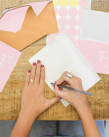 VNS Creations Thank You Cards With Envelopes Bulk Set & Stickers - 100 Pack 4x6 Blank Thank You Notes Bulk Box Set - Large Note Card Small Business, Wedding, Baby Shower & Bridal Shower - Pink