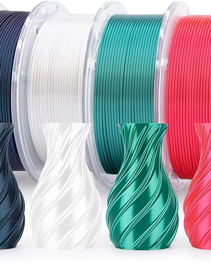 ELEGOO 250g Silk PLA Filament Bundle 1.75mm, 4 Colors Shiny 3D Printer Filaments Dimensional Accuracy +/- 0.02mm, 4 Pack 250g Spool Holly Green/Red/White/Galaxy Black