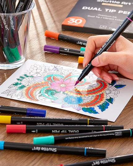 Shuttle Art Dual Tip Brush Marker Pens, 30 Colors Dual Tip Calligraphy Pens Fine and Brush Tip Markers Set, Water-based Ink Perfect for Kids Adult Artist Calligraphy Journal Doodling Writing