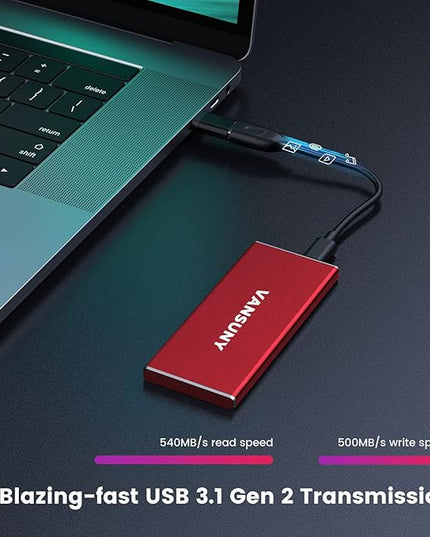 Vansuny 1TB Portable External SSD, USB 3.1 Gen2 540MB/s High-Speed Data ssd External Hard Drive USB C, Metal Mini Portable External Solid State Drive, Red