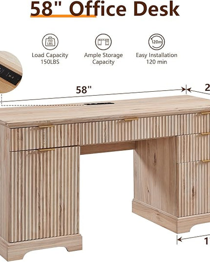 JXQTLINGMU 58" Modern Executive Desk with Storage, Wood Home Office Desk with 5 Drawers & 1 Cabinet, Fluted Computer Writing Desk for Study, Living Room, Bedroom, Oak