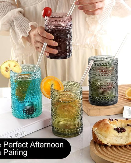 15oz Colored Hobnail Drinking Glasses Set of 6,Vintage Kitchen Glassware,Embossed Beaded Glass Cups,Water Tumbler for Cocktail,Juice and Various Mixed Drinks
