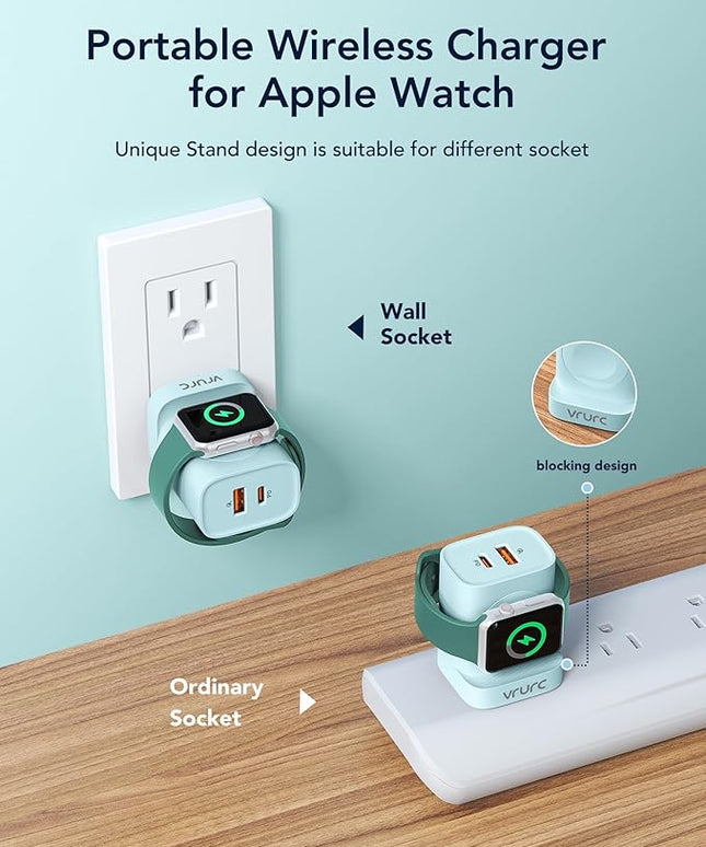 VRURC for Apple Watch Charger, Wireless Magnetic Portable iWatch Charger, PD 20W 3-in-1 Travel Essentials Fast Charging Block for iWatch Ultra/SE/11/10/9/8/7/6/5,iPhone 17/16/15/14/13 etc-Green
