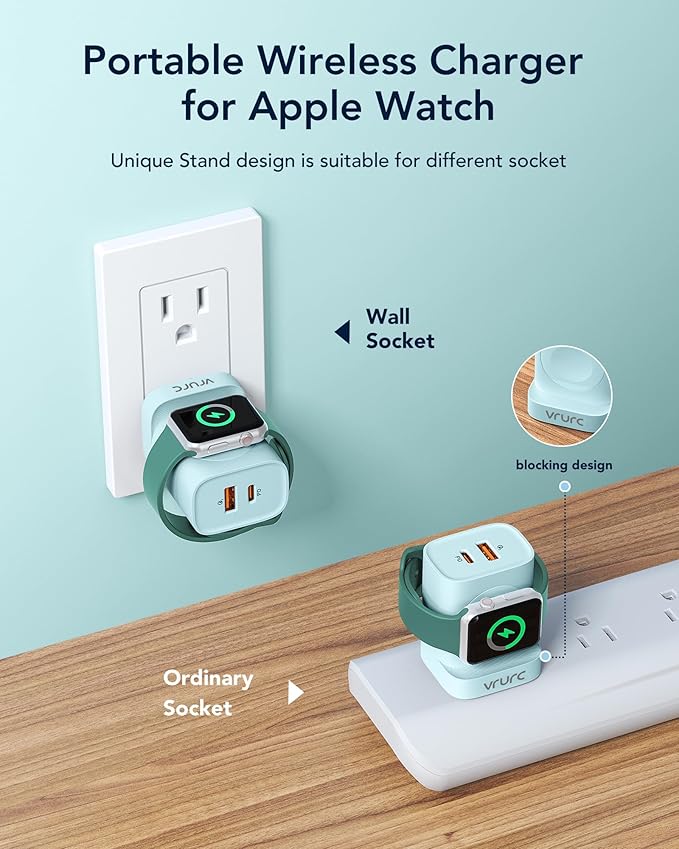 VRURC for Apple Watch Charger, Wireless Magnetic Portable iWatch Charger, PD 20W 3-in-1 Travel Essentials Fast Charging Block for iWatch Ultra/SE/11/10/9/8/7/6/5,iPhone 17/16/15/14/13 etc-Green