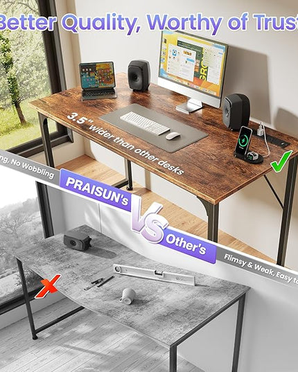 PRAISUN 40 X 20 Inch Computer Desk with Power Outlets and USB-C Port, Gaming Office Desk with Deeper Desktop, Writing Work Desk for Home Office, Study, Bedroom, Metal Frame, Rustic Brown