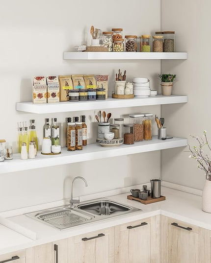 RICHFOCUS 48Inch Floating Shelves for Wall 1 Pack Shelves for Bedroom|Kitchen|Bathroom Wall Mounted Rustic Wood Floating Shelf with Invisible Brackets for Books|Storage|Decor, White