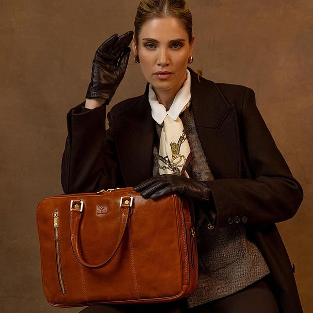 Time Resistance Leather Laptop Briefcase - Full Grain Leather Computer Bag for Men and Women