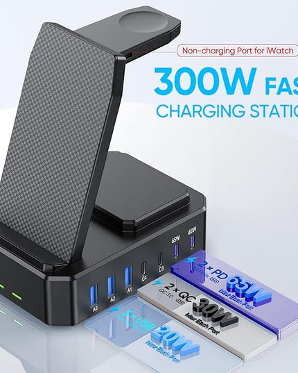 300W Charging Station for Multiple Devices Apple,10 in 1 Wireless Charger for iPhone,GaN III USB C 65W PD Fast Charging Stand Dock for MacBook,iWatch&Airpods (Wireless Charging Only for Apple)