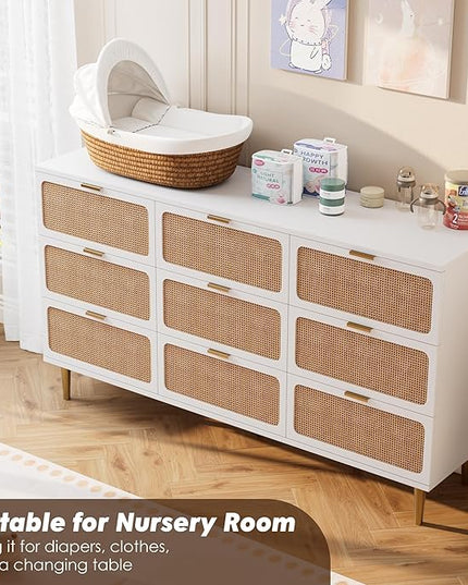 Garvee Rattan Dresser with 9 Drawers, Tall Modern Closet with Deep Storage, Large Chest of Drawers with Wide Top, Long Wooden Dresser for Bedroom, Living Room, Hallway, Kids Room, White