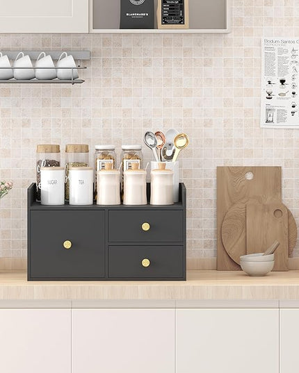 Bamboo Desk Organizer with Drawers Wooden Desktop Storage Drawers for Bills Office Supplies Kitchen Utensils Organizing Tool for Home Classroom Organization No Assembly (3 Drawer, Black)