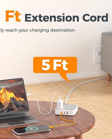 TESSAN Surge Protector Power Strip with 3 USB (2 USB C) 4 Outlets, Flat Plug Extension Cord 5 Ft, 900J Surge Protection, Multiple Charging Station with Power Switch for Home, Office, Dorm Room, Gray