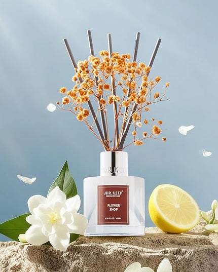 Airkeep Reed Diffuser Set,3.38 fl oz (100 ml) - Flower Shop Oil Diffusers with 8 Reed Sticks, Home Fragrance Reed Diffuser for Bathroom Shelf Decor