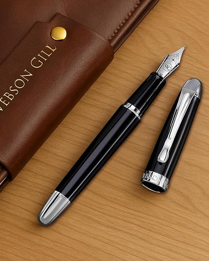 Webson Gill The Boss' Black Luxury Executive Fountain Pen, Polished Lacquer & Chrome, Medium Nib, Smudge Free No Bleed, Use Any Fountain Ink with Included Converter, Fits Cartridges (sold separately)