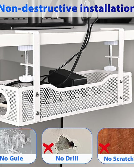 Under Desk Cable Management Tray Small – Clamp-Mounted Wire Organizer & Cord Management Under Desk Holder, No-Drill Metal Cable Tray for Home Office (White)