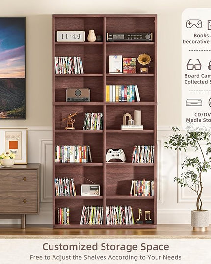 LELELINKY 7 Tier Tall Display Cabinet, Walnut Media Storage Cabinet with Adjustable Shelves, Free Standing DVD Organizer Shelf, Floor Multimedia Storage Manga Bookshelf for Living Room & Home Office.