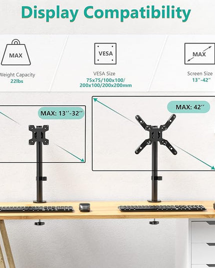 WALI Single Monitor Mount for 1 Computer Screen up to 42 inch, Fully Adjustable Monitor Arm Holds up to 22 lbs, Mounting Holes up to 200x200mm (M001SXL), Black