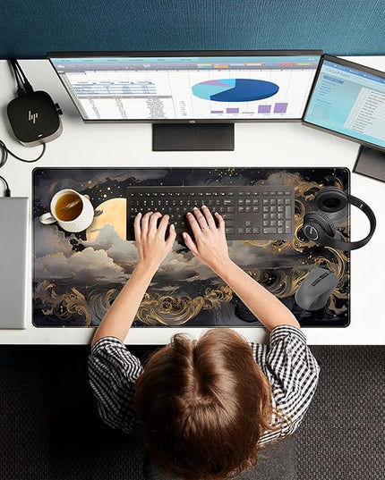 Golden Moon Desk Pad Black Desk Mat XXL Mouse Gaming Pads, Starry Sky Keyboard Pads Extra Large Desktop Computer Mats with Non-Slip Base & Stitched Edges, Vintage Office Decor 31.5" x 15.7"
