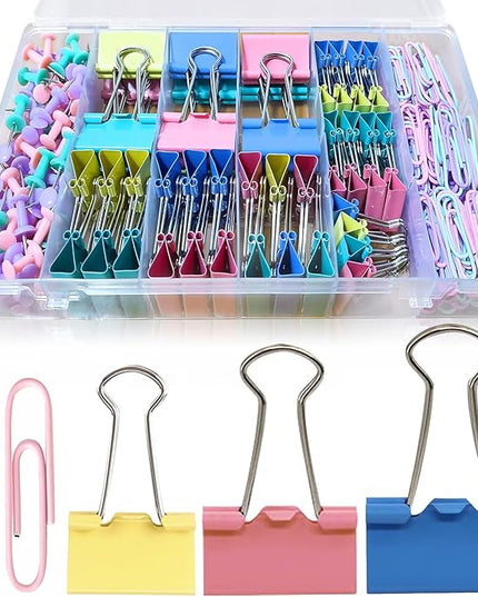 Paper Clips and Binder Clips Assorted Sizes, 240 PCS Colored Office Clips Set Large Medium Small Paper Clamps Paperclips Push Pin Thumb Tacks, College Supplies Home Office Supplies Document Organizing