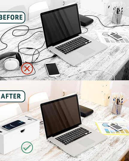 Bamboo Cable Management Box, Large Cord Organizer Box Cable Box to Hide Wires & Power Strips for Desktop Storage Cord Holder for Office Home,No Assembley Required (All White, 1Medium)