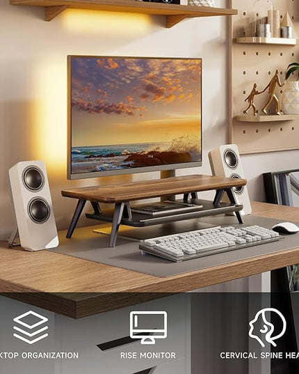Fenge Monitor Stand, Monitor Stands Riser for Desk, 23.6 Inch Wood Desk Shelf with Storage Organizer and Cable Management for Office Desk Accessories
