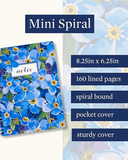 Steel Mill & Co Cute Mini Spiral Notebook, 8.25" x 6.25" Journal with Durable Hardcover and 160 Lined Pages (Forget Me Not)