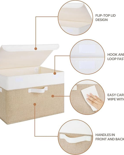 GRANNY SAYS Storage Boxes with Lids, Decorative Storage Bins, Shelf Baskets, Clothes Storage and Organization, White/Khaki, 2-Pack