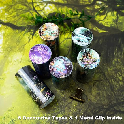 AuriicLeaf Forest-Themed Seamless Washi Tape Scrapbook Kit – 6 Rolls with Cottage, Waterfall & Fairy Forest Designs for Journaling, DIY Crafts, Gift Wrapping, Card Making and Decoration