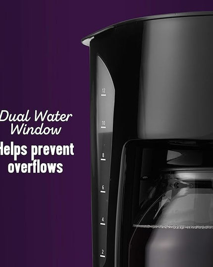 Mr. Coffee Black Coffee Maker, 12 Cups, with Auto Pause and Glass Carafe, Perfect for Home and Office Use