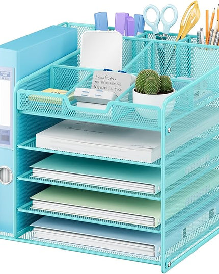 Lavatino 5-Tier Metal Mesh Desk Organizer with File Holder & 7 Customizable Compartments | Paper Letter Tray for Office or Home Desk Storage | Keep Workspace Supplies Neat & Organized, Blue