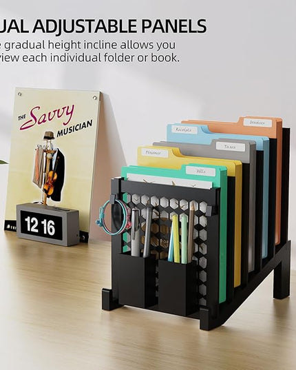 File Organizer for Desk with Storage Box & Hook, Inclined Desk File Organizer with 5-Section Vertical File Holder suitable for Home Office Document Organization（Black）