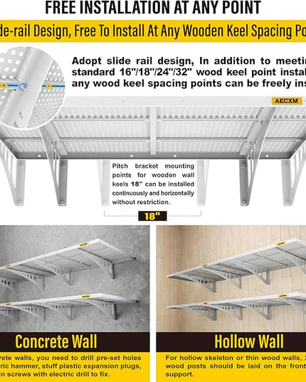 4-pack 2x3ft Adjustable Garage Wall Shelving 1120lbs Load Capacity Heavy Duty Wall Mounted Storage Shelf Metal Floating Shelves for Garage(White)
