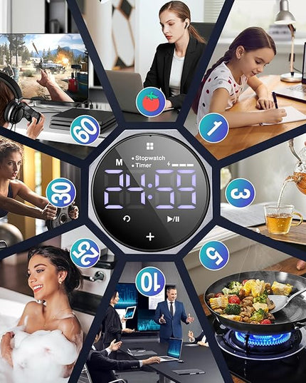 Digital Pomodoro Timer,Frosted Metal Productivity Cube Timer,1.8 in LED Digital Large Screen and Auto-Rotating Display,1/3/5/10/25/30/60min & Custom Time, Silent & Alarm,for Office, Study, Work(Grey)