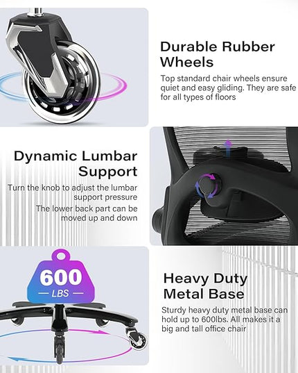 Big and Tall Office Chair 600lbs with 3D Flip Arms Adjustable Headrest - Heavy Duty Large Wheels Executive Computer Desk Chair, Ergonomic Lumbar Support Mesh High Back Plus Size Chair for Adults