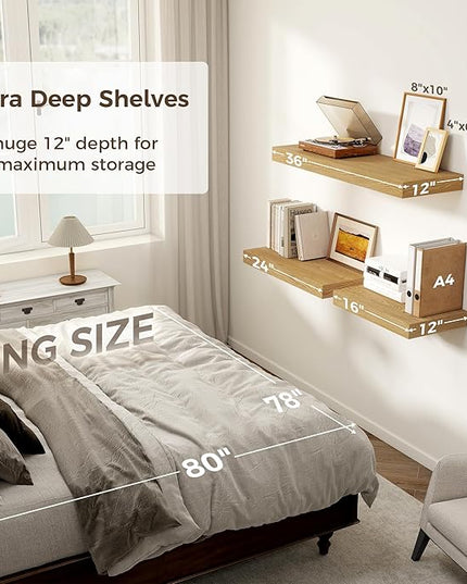 12 Inch Deep Floating Shelves, 16 x 12 Floating Shelf for Books, Rustic Wood Deep Wall Shelves for Home Storage & Display, 2" Thicked Shelves for Kitchen, Living Room, Bedroom, Oak Color, 2 Pack