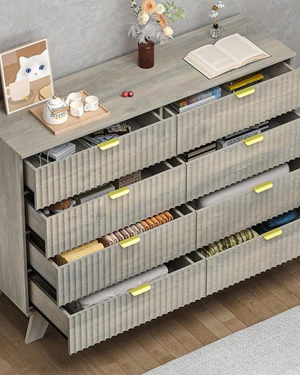 BORNOON Fluted 8 Drawer Tall Dresser, 47.2" Wide Modern Boho Chest of Drawers, Wooden Storage Dresser TV Stand for Bedroom, Living Room, Closet, Hallway, Curved Profile Design