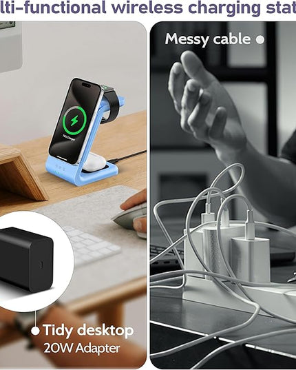3 in 1 Wireless Charging Station: 5000mAh Removable Power Bank Charger Stand for Phone/Watch/Air Pods - Portable Magnetic Battery Pack for Air 17 16 15 14 13 12 Series Blue