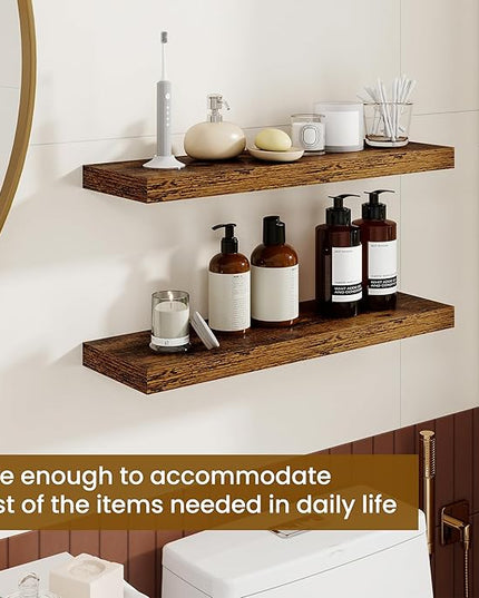 Dreamland 24Inch Floating Shelves for Wall, Rustic Wooden Floating Shelves for Bathroom|Bedroom|Kitchen, 2 Pack Deep Wall Mounted Book Shelf, Wood Storage Display Shelf for Home Decor, Brown