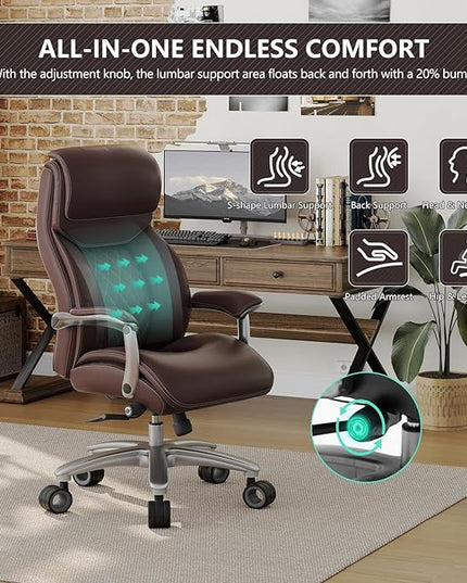 Big and Tall Office Chair with Wide Area Armrest, 600lbs Heavy Duty Desk Chair with Adjustable Lumbar Support, PU Leather High Back Ergonomic Executive Computer Chair with 3'' Silent Casters