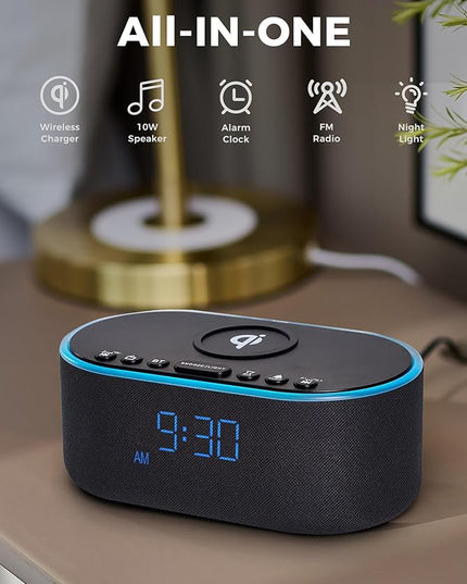 Wireless Charging Alarm Clock Radio: Qi Certified Fast Wireless Charger for iPhone Samsung - 10W Stereo Bluetooth Speaker - Dimmable Digital Clock with FM Radio for Bedroom Black