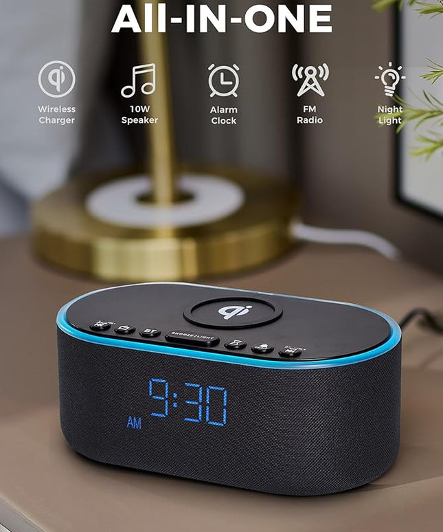 Wireless Charging Alarm Clock Radio: Qi Certified Fast Wireless Charger for iPhone Samsung - 10W Stereo Bluetooth Speaker - Dimmable Digital Clock with FM Radio for Bedroom Black