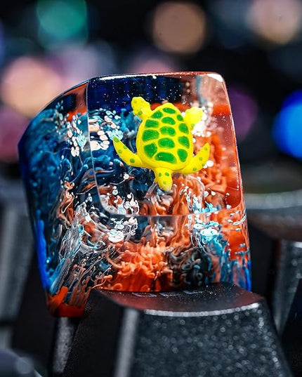 Sea Turtle Artisan Keycap Black and Red Coral Reef R1 SA Profile Custom Sea Creatures Keycaps 1U ESC Handmade Gaming Resin Key Cap Cherry MX Switch Compatible Mechanical Keyboard Turtle Lover Gift