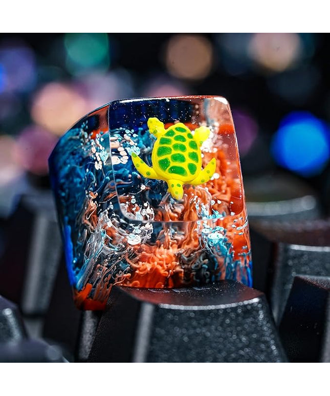 Sea Turtle Artisan Keycap Black and Red Coral Reef R1 SA Profile Custom Sea Creatures Keycaps 1U ESC Handmade Gaming Resin Key Cap Cherry MX Switch Compatible Mechanical Keyboard Turtle Lover Gift