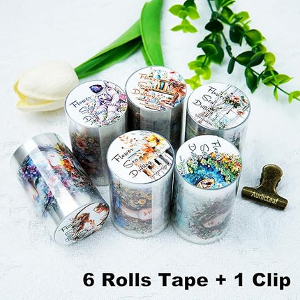AuriicLeaf Dreamy Floral PET Tape Set with Clip, 6 Rolls Pre-Cut Vintage Tape for Journaling, Scrapbooking, DIY Crafts, and Planners