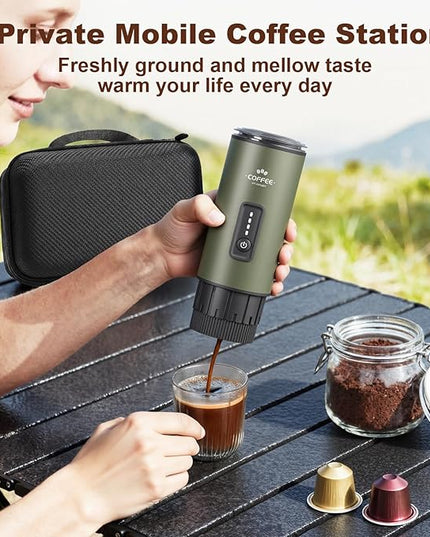 Portable Espresso Maker, 3 in 1 Coffee Maker Set with Carrying Bag and Coffee Stand, Coffee Machine Works with Ground Coffee & Capsule Pod, Self-Heating Brewer with USB-C for Travel, Hiking, Office