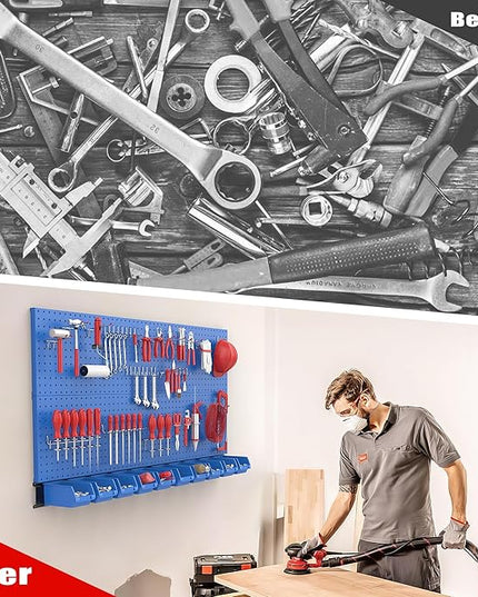 Ultrawall Pegboard Wall Organizer, Blue Metal Peg Board Panels, Garage Storage System with Hooks and Storage Bins, 59pcs