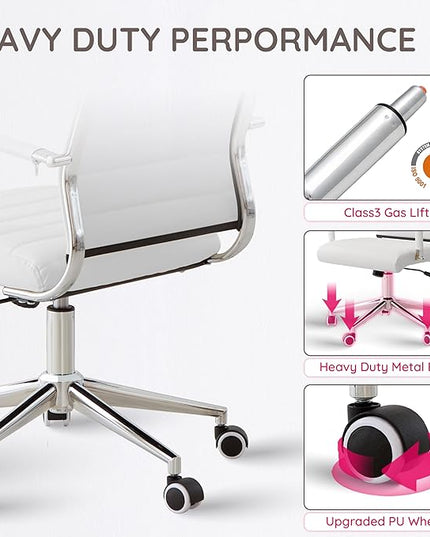 Livinia Modern Executive Office Desk Chair, Chrome & Leather Conference Room Swivel Chairs with Ribbed High Back, Adjustable Height, Removable Armrest, and Wheels for Home Office (White(Chrome))