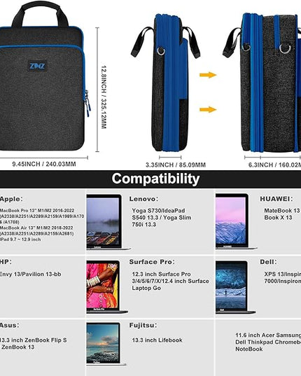 ZINZ Slim & Expandable Case 12.9 13 inch Travel Laptop Shoulder Bag for MacBook Air 13" M4/M3/M2/M1, MacBook Pro 13" M2/M1, iPad Pro 12.9"/13"/11", iPad Air 13",B01K03