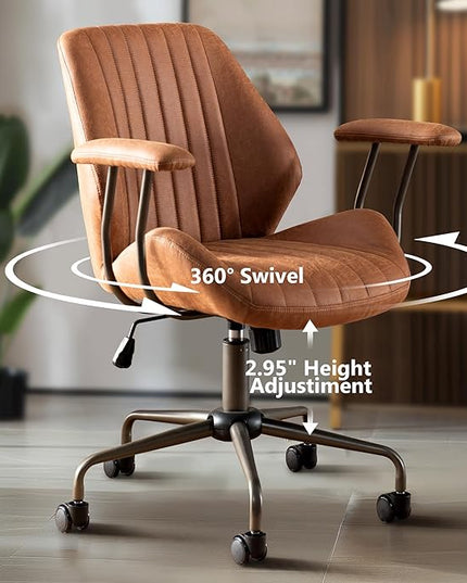 Mid Century Modren Office Chair - Fuax Leather Suede Brown Executive Chairs Ergonomic Mid Back with Lumbar Support, Swivel Computer Desk Task Chair with Wheels for Home Office (Brown, Mid Back)