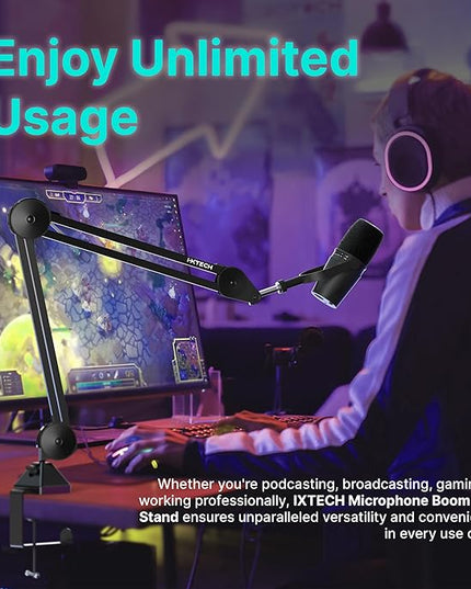 IXTECH Microphone Boom Arm Stand, Heavy Duty Adjustable Mic Stand with Cable Ties, Desk Mount Arm Stand for Gaming Streaming Podcasting.