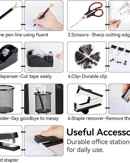 Black Desk Accessories, Office Supplies Set with Stapler, Tape Dispenser, Staple Remover, Pen Holder, Scissor, Binder/Paper Clips, Ballpoint Pen, Clear Tape and 1000pcs Staples